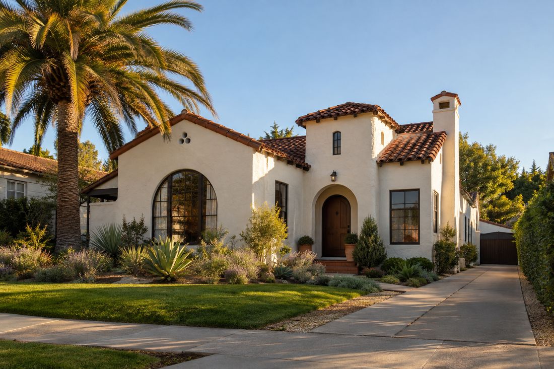 A 1930s Spanish-style home with a tile roof and a palm tree in Los Angeles